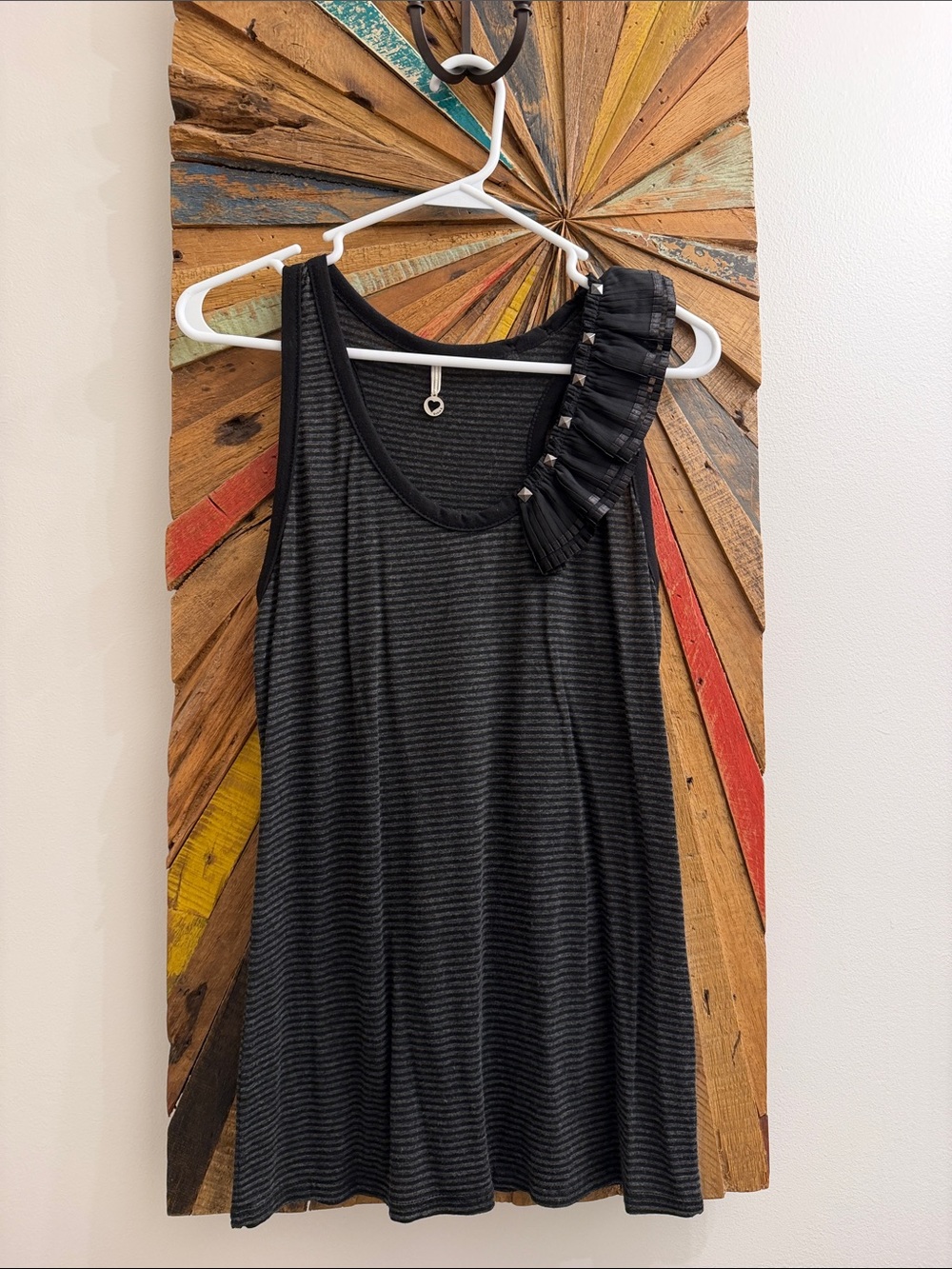 Robin K Black Charcoal Striped Ruffle-Shoulder Tank